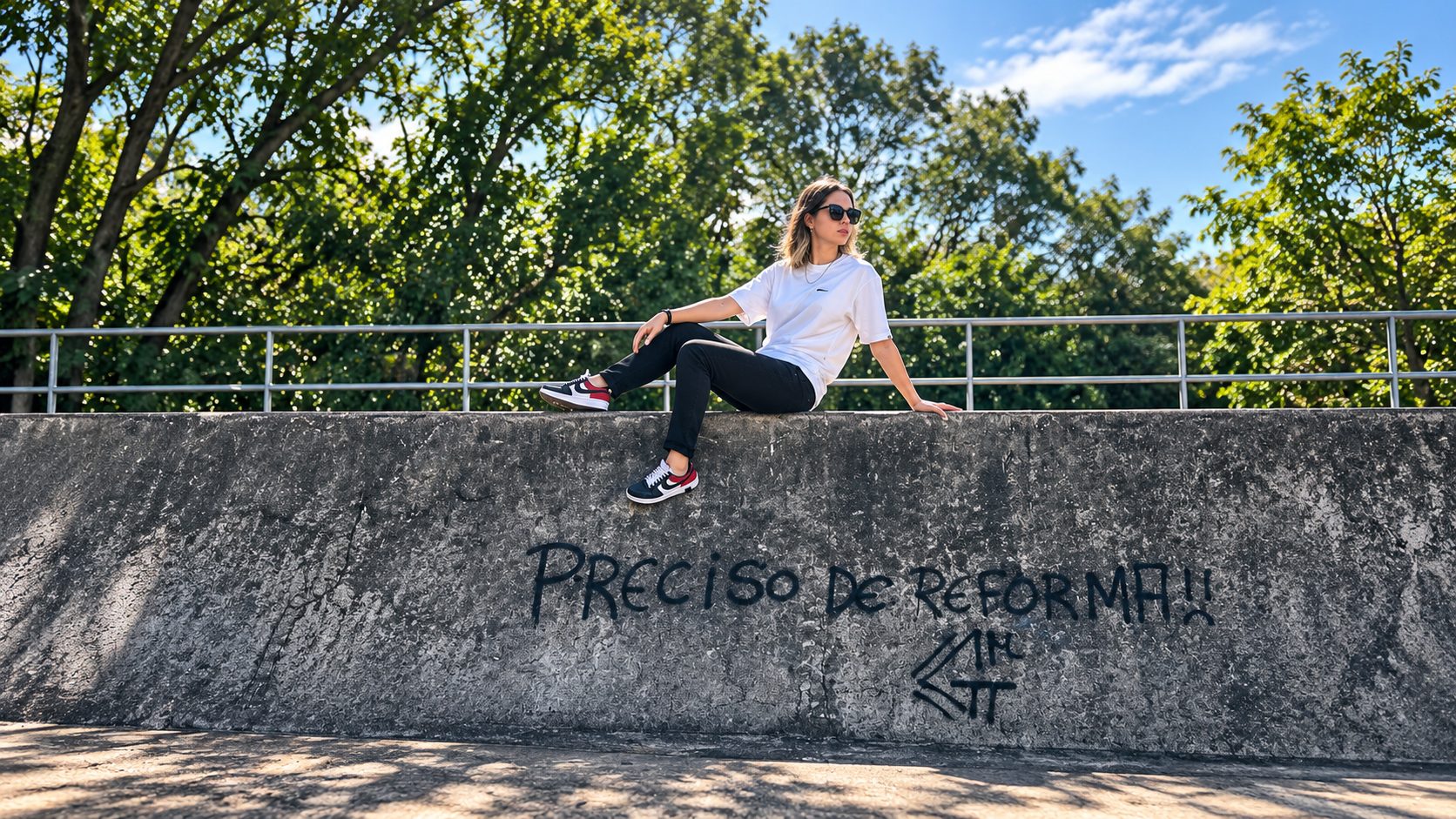 Mulher vestindo camiseta BLESSAINT branca sentada na pista de skate