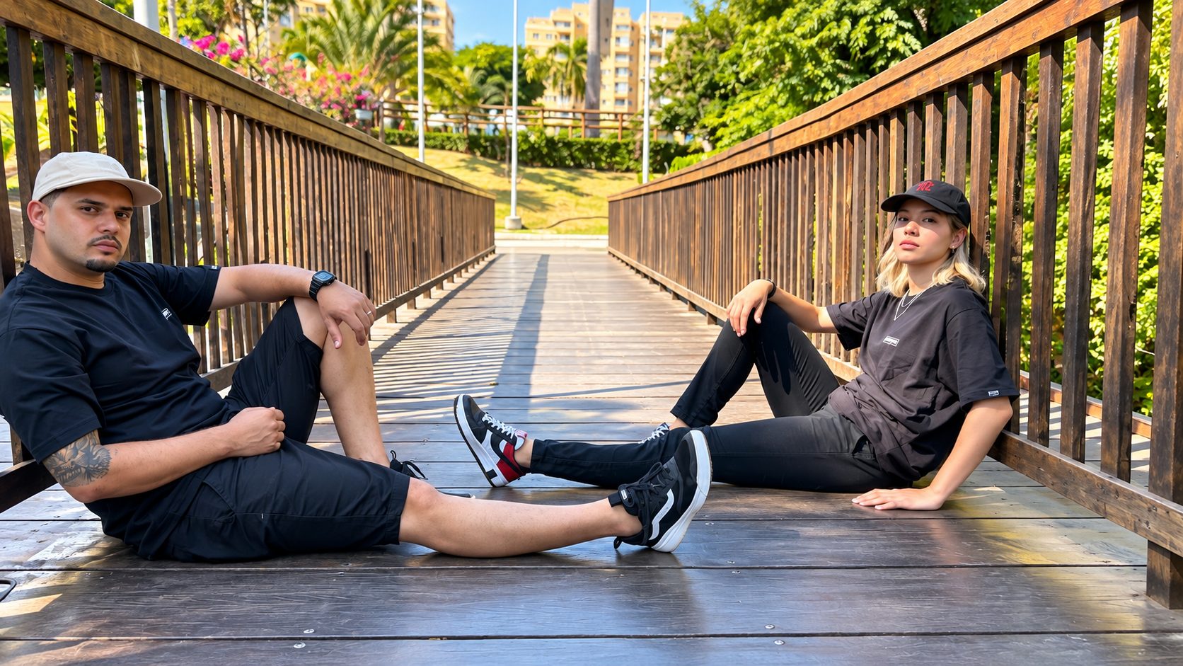 Casal vestindo BLESSAINT sentado numa ponte